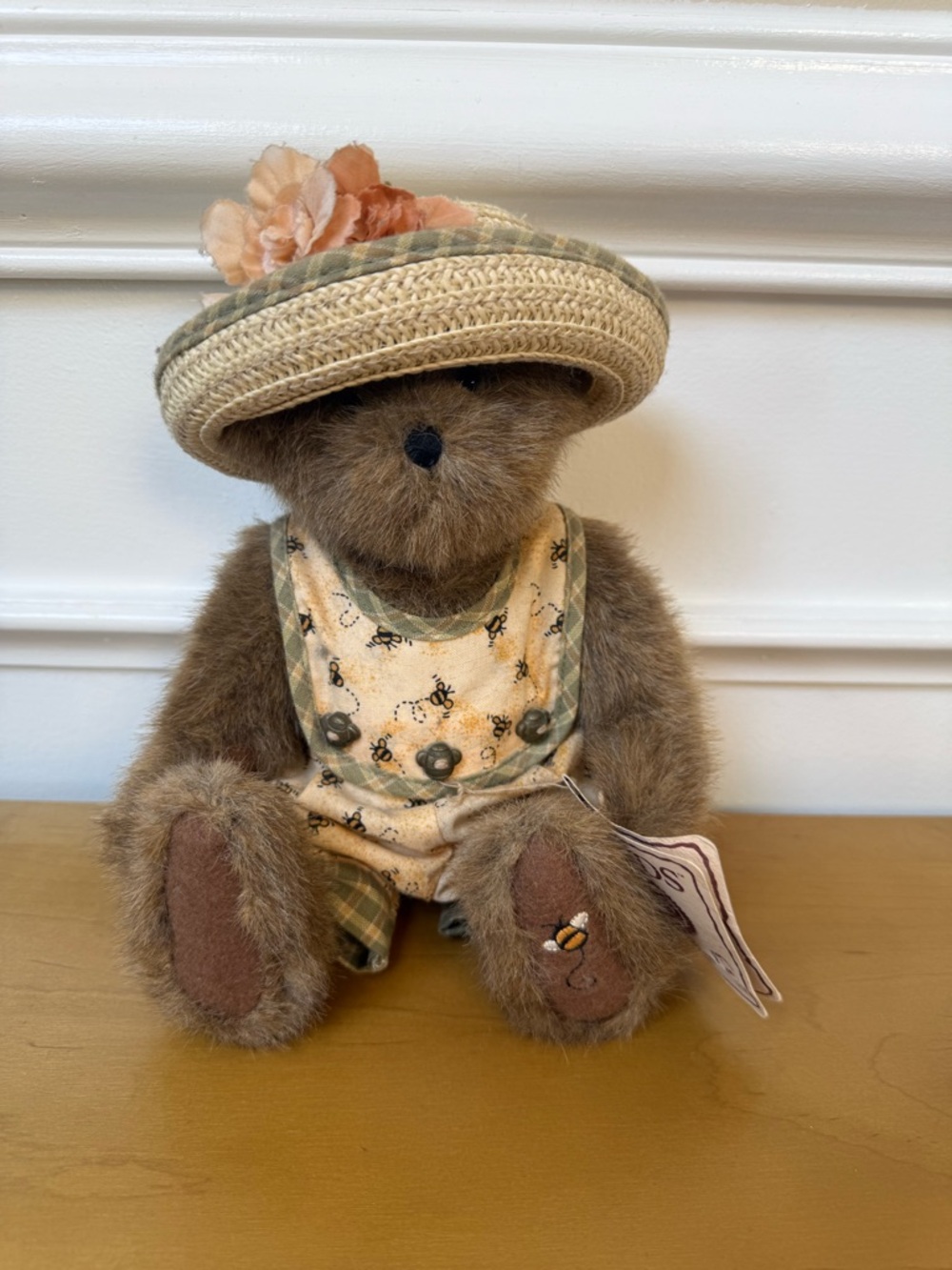 Boyds Bears Brown Plush Bear with Cream Floral Outfit and Straw Hat